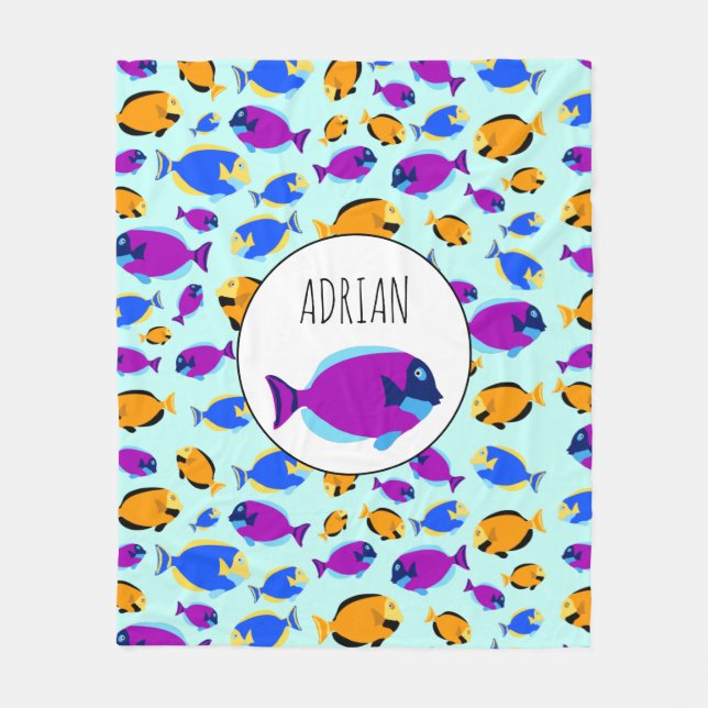 Colourful Tropical Fish Pattern in Blue Sea Fleece Blanket (Front)