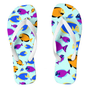 Colourful Tropical Fish Pattern in Blue Sea Flip Flops