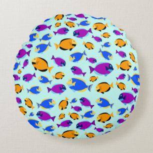 Colourful Tropical Fish Pattern in Blue Sea Round Cushion