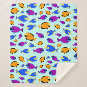 Colourful Tropical Fish Pattern in Blue Sea Sherpa Blanket