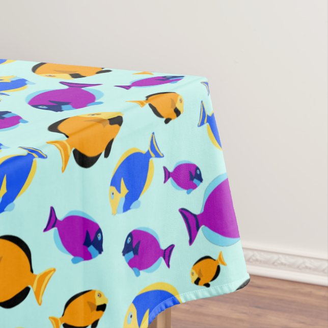 Colourful Tropical Fish Pattern in Blue Sea Tablecloth (In Situ)