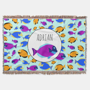Colourful Tropical Fish Pattern in Blue Sea Throw Blanket