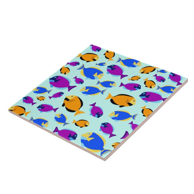 Colourful Tropical Fish Pattern in Blue Sea Tile (Side)