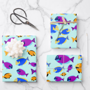 Colourful Tropical Fish Pattern in Blue Sea Wrapping Paper Sheet