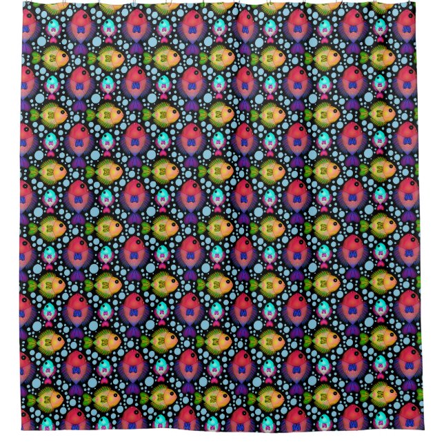 Colourful Tropical Fish Pattern on Black Shower Curtain (Front)