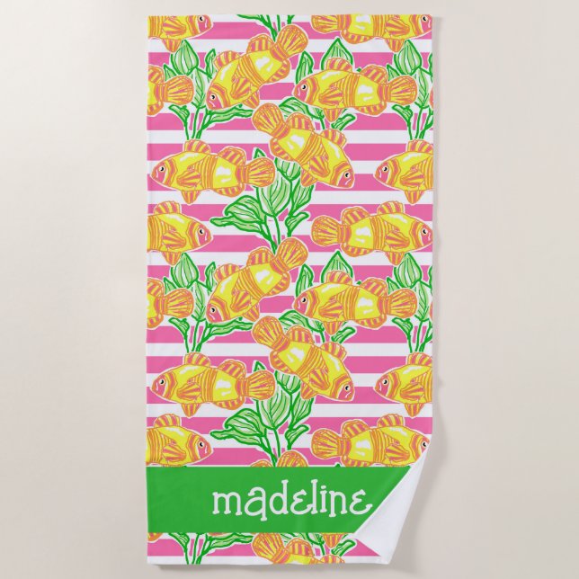 Colourful Tropical Fish Pattern Personalised Beach Towel (Front)