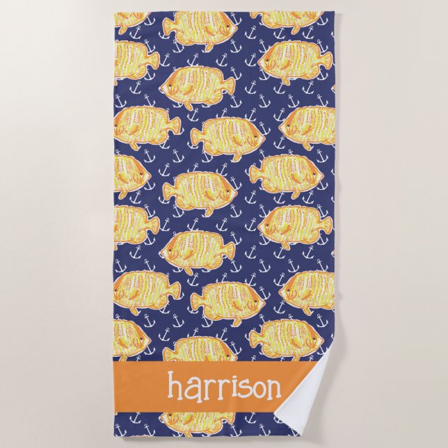 Colourful Tropical Fish Pattern Personalised Beach Towel (Front)