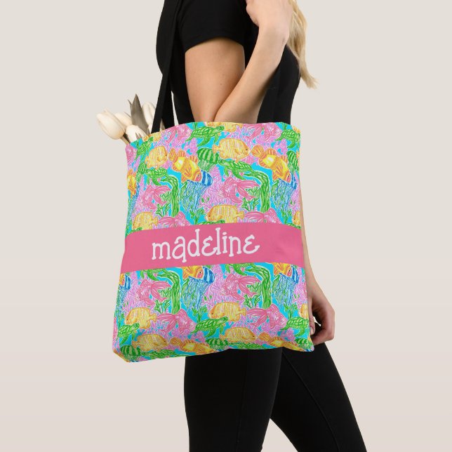 Colourful Tropical Fish Pattern Personalised Tote Bag (Close Up)