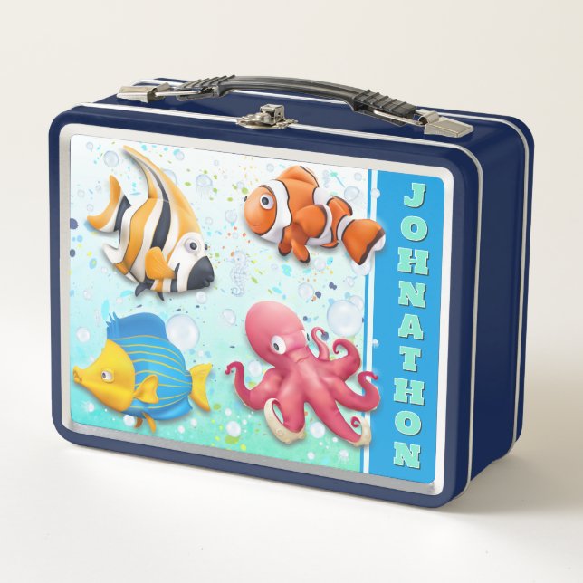 Colourful Tropical Fish Personalised Kids Metal Lunch Box (Front)