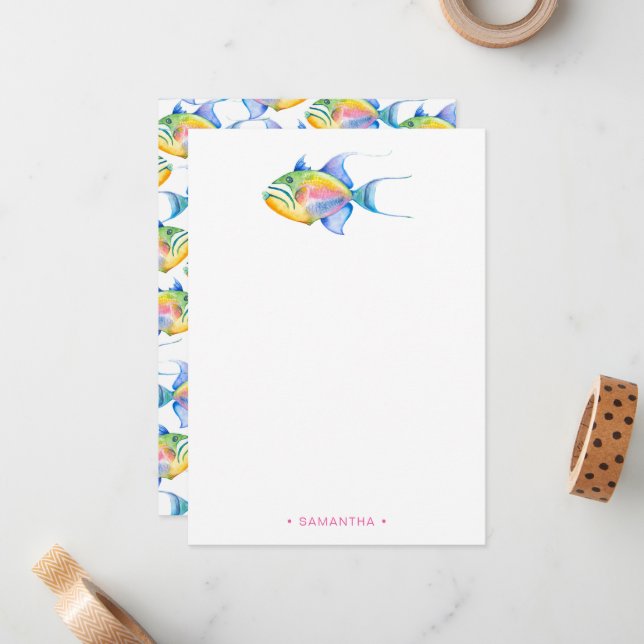 Colourful Tropical Fish Personalised Stationery Card (Front/Back In Situ)