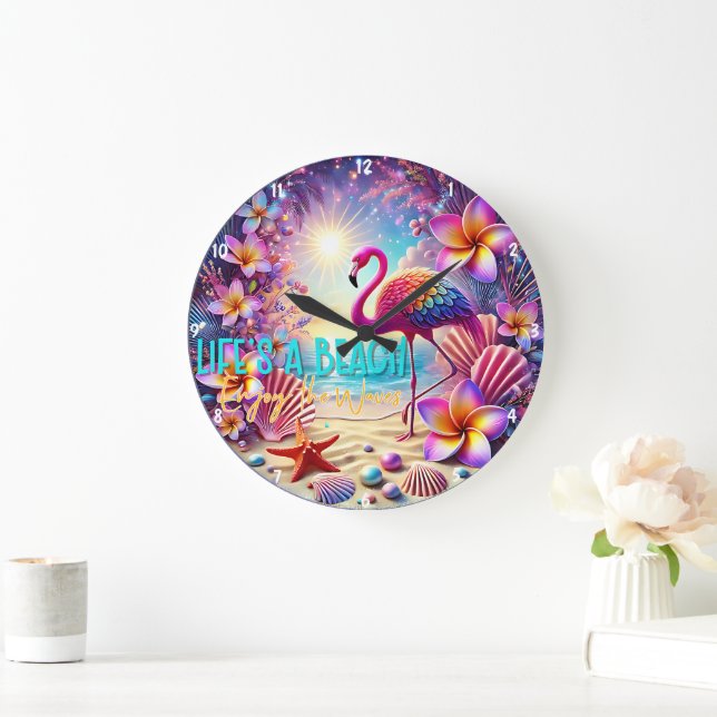 Colourful Tropical Flamingo Sunset Beach Large Clock (Home)