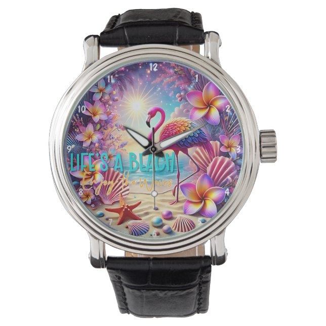 Colourful Tropical Flamingo Sunset Beach Watch (Front)