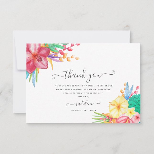 Colourful Tropical Floral Beach Bridal Shower  Thank You Card (Front)