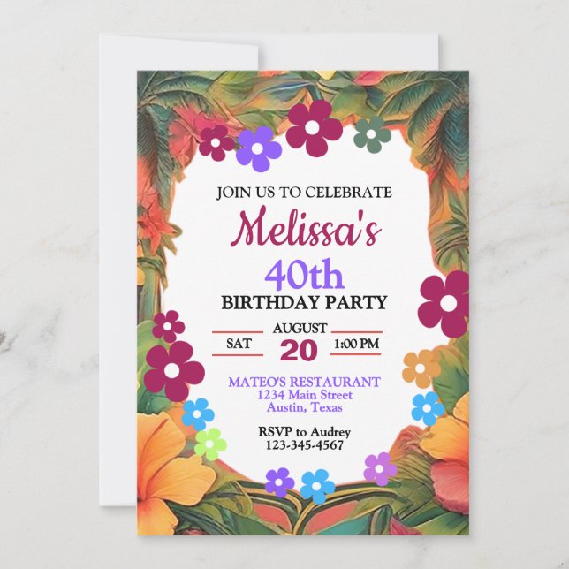 Colourful Tropical Floral Birthday Party Invitation (Front)