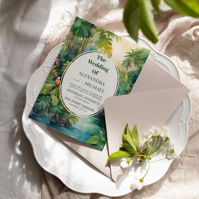 Colourful Tropical Floral Casual Green Wedding Invitation (Creator Uploaded)