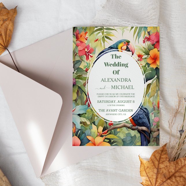 Colourful Tropical Floral Casual Green Wedding Invitation (Creator Uploaded)