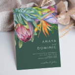 Colourful Tropical Floral Casual | Green Wedding Invitation<br><div class="desc">This colourful tropical floral casual | green wedding invitation is perfect for your modern boho destination, green, purple, peach wedding. Design features an elegant bouquet of classic beach watercolor greenery and flowers that may include sage green eucalyptus, mauve and red protea, blush pink hibiscus, orange and blue bird of paradise,...</div>