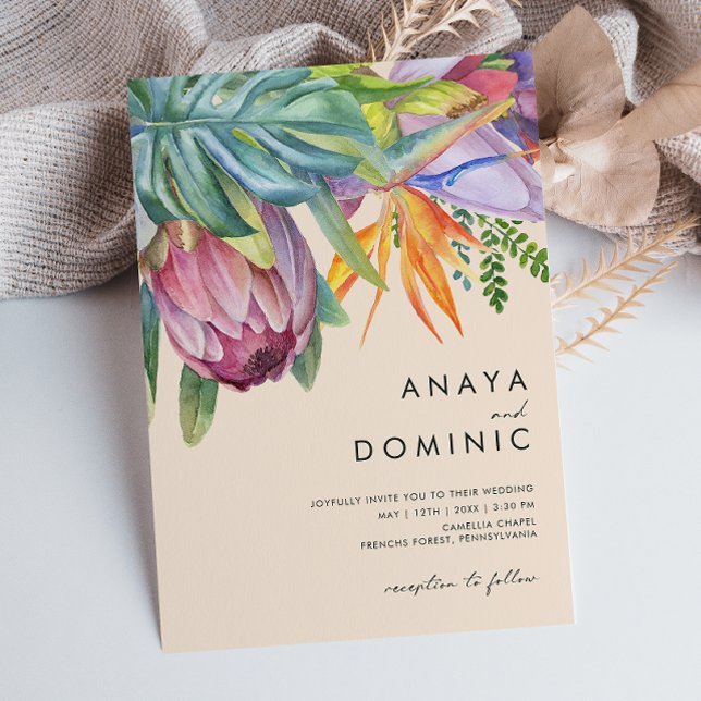 Colourful Tropical Floral Casual | Peach Wedding Invitation (Creator Uploaded)