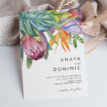 Colourful Tropical Floral Casual Wedding Invitation<br><div class="desc">This colourful tropical floral casual wedding invitation is perfect for your modern boho destination, green, purple, peach wedding. Design features an elegant bouquet of classic beach watercolor greenery and flowers that may include sage green eucalyptus, mauve and red protea, blush pink hibiscus, orange and blue bird of paradise, and dark...</div>