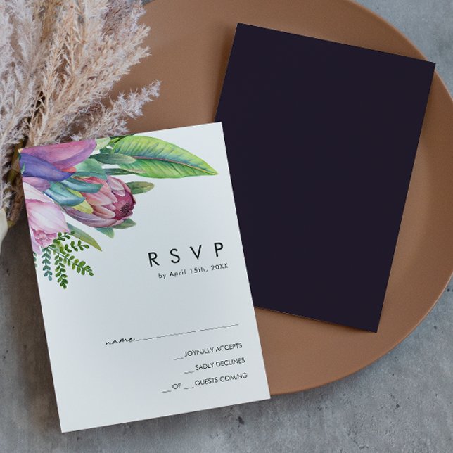 Colourful Tropical Floral | Dark Purple RSVP Card (Creator Uploaded)
