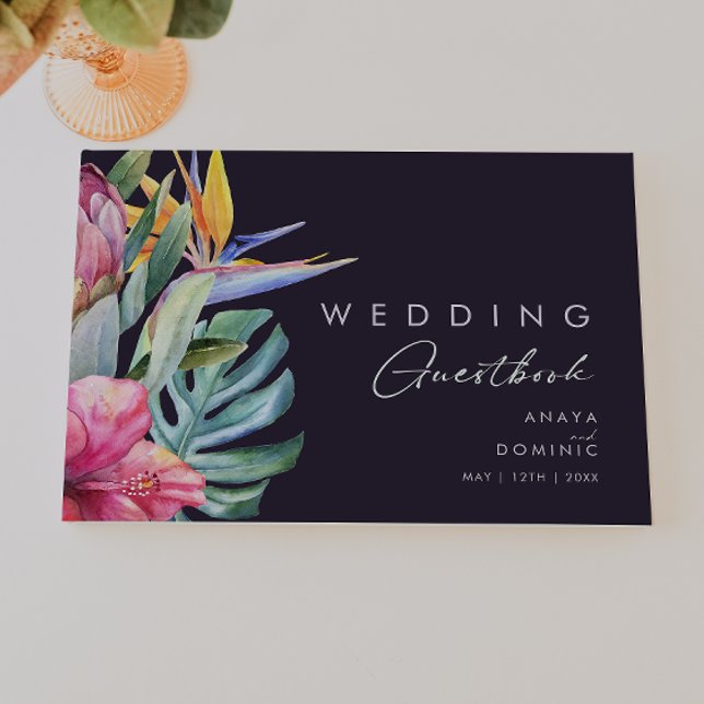 Colourful Tropical Floral | Dark Purple Wedding Guest Book (Creator Uploaded)