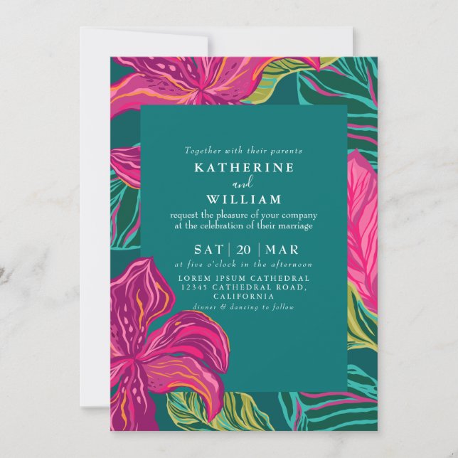 Colourful Tropical Floral Emerald green Wedding Invitation (Front)