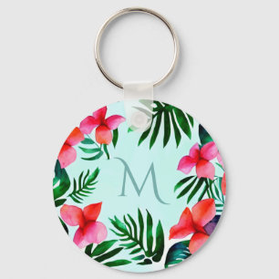 Colourful Tropical Floral Foliage Watercolor Custo Key Ring