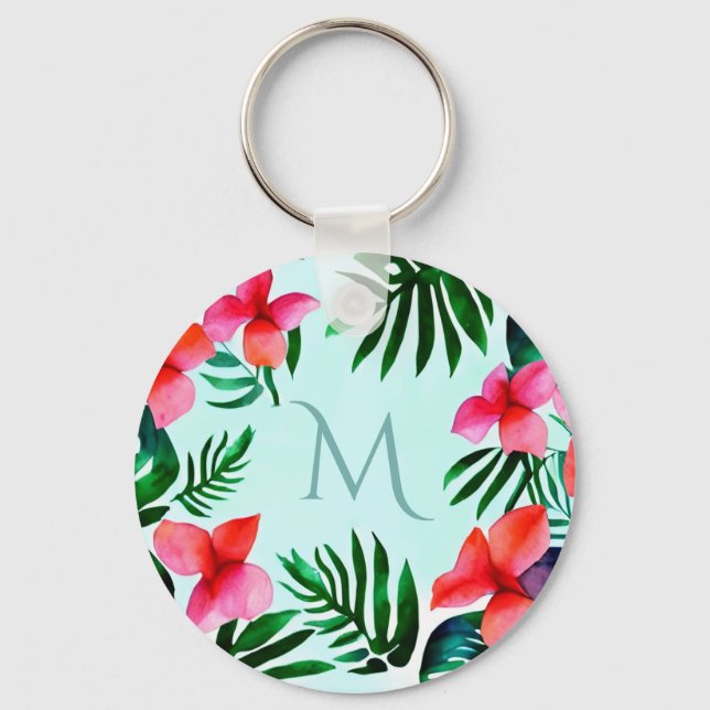 Colourful Tropical Floral Foliage Watercolor Custo Key Ring (Front)