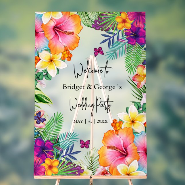 Colourful tropical Floral Frosted Wedding Welcome Acrylic Sign (Neutral)