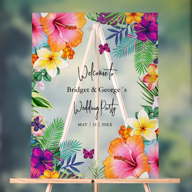 Colourful tropical Floral Frosted Wedding Welcome Acrylic Sign (Neutral)