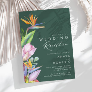 Colourful Tropical Floral   Green Wedding Receptio Invitation