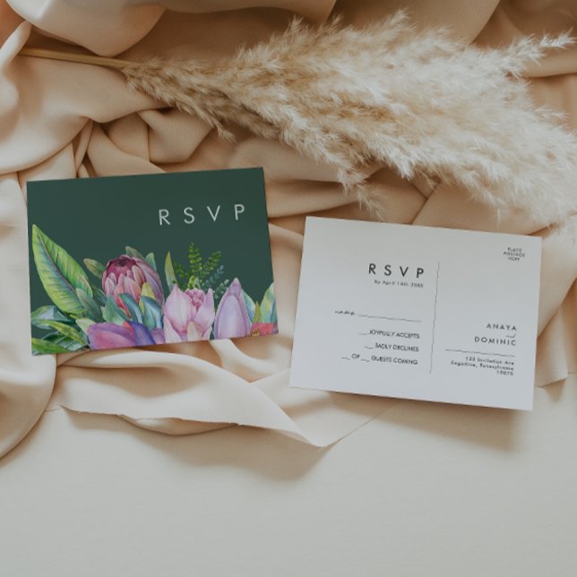 Colourful Tropical Floral | Green Wedding RSVP Postcard (Creator Uploaded)
