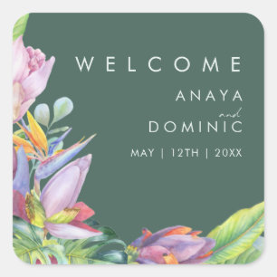 Colourful Tropical Floral Green Wedding Welcome Square Sticker