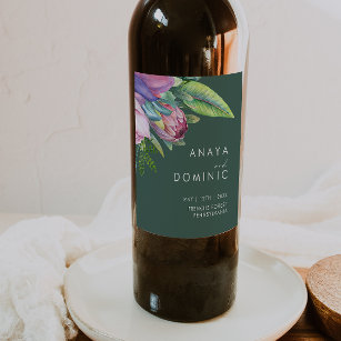 Colourful Tropical Floral   Green Wedding Wine Label