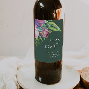 Colourful Tropical Floral   Green Wedding Wine Label