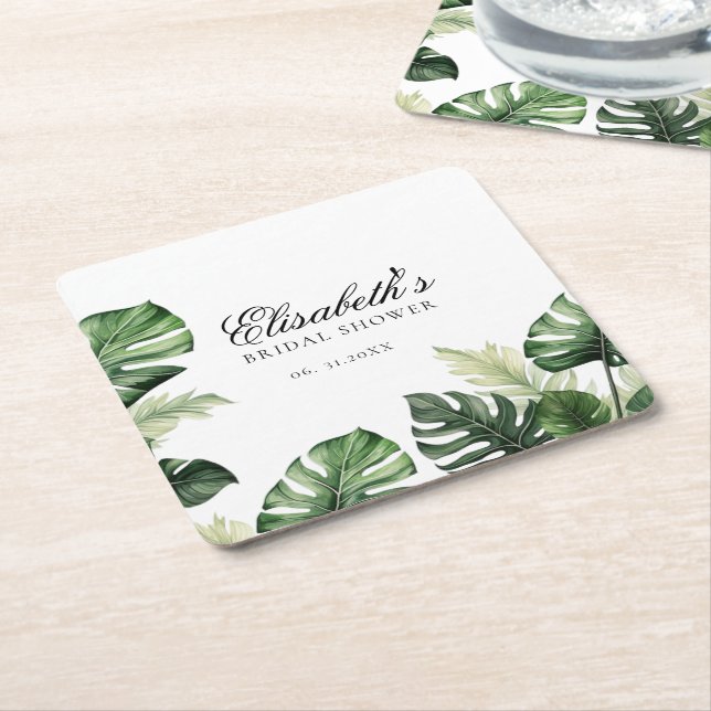 Colourful Tropical Floral | Greenery bridal shower Square Paper Coaster (Angled)