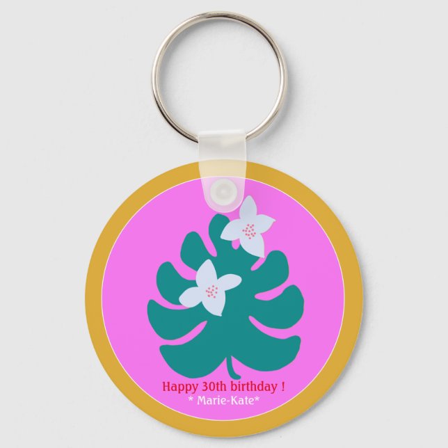 Colourful tropical floral modern name pink key ring (Front)