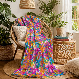 Colourful Tropical Floral Pattern Fleece Blanket