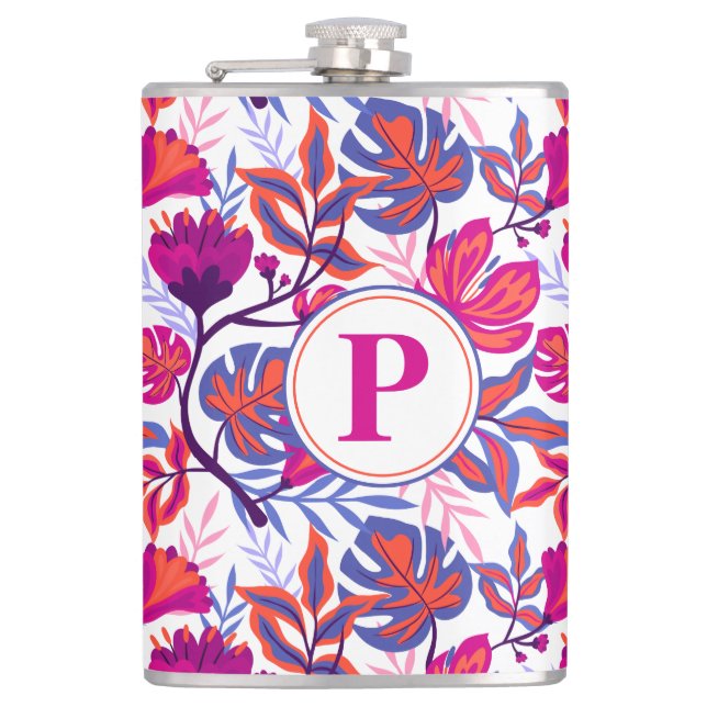 Colourful, Tropical Floral Pattern Hip Flask (Front)