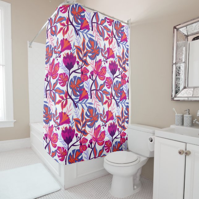 Colourful, Tropical Floral Pattern Shower Curtain (In Situ)