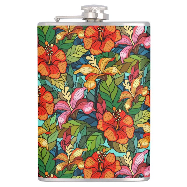 Colourful tropical floral pattern string glass loo hip flask (Front)