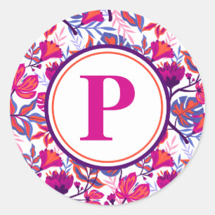 Colourful, Tropical Floral Pattern, Your Initial Classic Round Sticker