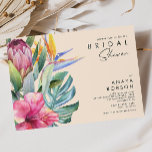 Colourful Tropical Floral | Peach Bridal Shower Invitation<br><div class="desc">This colourful tropical floral | peach bridal shower invitation is perfect for your modern boho destination green, purple, peach bridal shower. Design features an elegant bouquet of classic beach watercolor greenery and flowers, including sage green eucalyptus, mauve and red protea, blush pink hibiscus, orange and blue bird of paradise, and...</div>