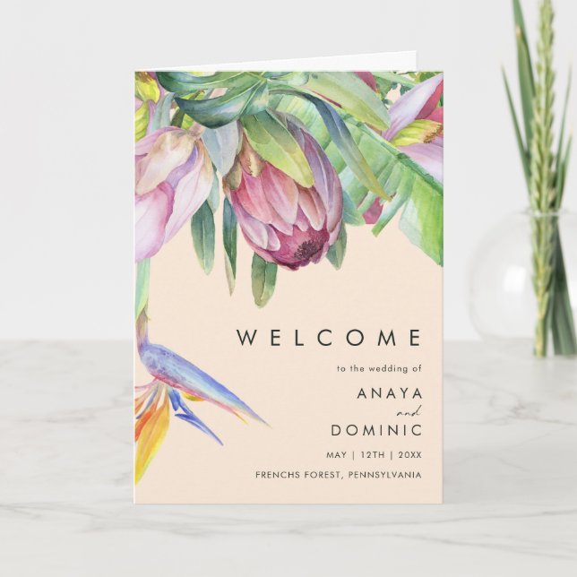 Colourful Tropical Floral | Peach Folded Wedding Programme (Front)