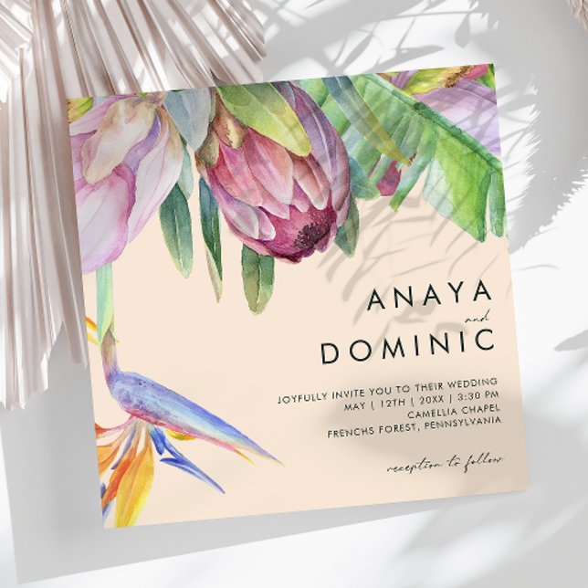 Colourful Tropical Floral | Peach Square Wedding Invitation (Creator Uploaded)