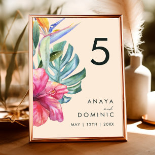 Colourful Tropical Floral   Peach Table Number