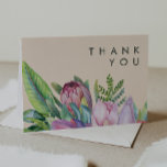 Colourful Tropical Floral | Peach Thank You Card<br><div class="desc">This colourful tropical floral | peach hank you card is perfect for your modern boho destination, green, purple, peach wedding. Design features an elegant bouquet of classic beach watercolor greenery and flowers that may include sage green eucalyptus, mauve and red protea, blush pink hibiscus, orange and blue bird of paradise,...</div>