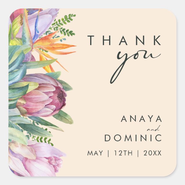 Colourful Tropical Floral | Peach Thank You Weddin Square Sticker (Front)
