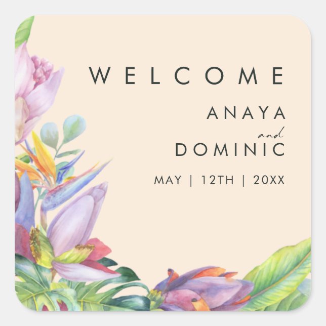 Colourful Tropical Floral | Peach Wedding Welcome Square Sticker (Front)