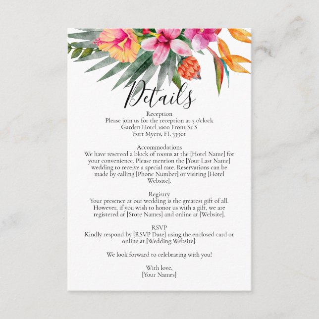 Colourful Tropical Floral Pink Wedding Details Enclosure Card (Front)